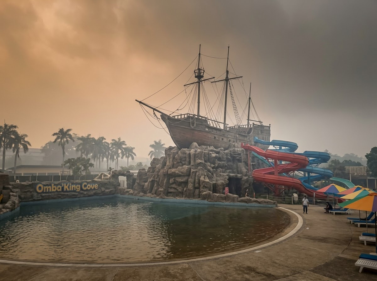 A waterpark shrouded in haze